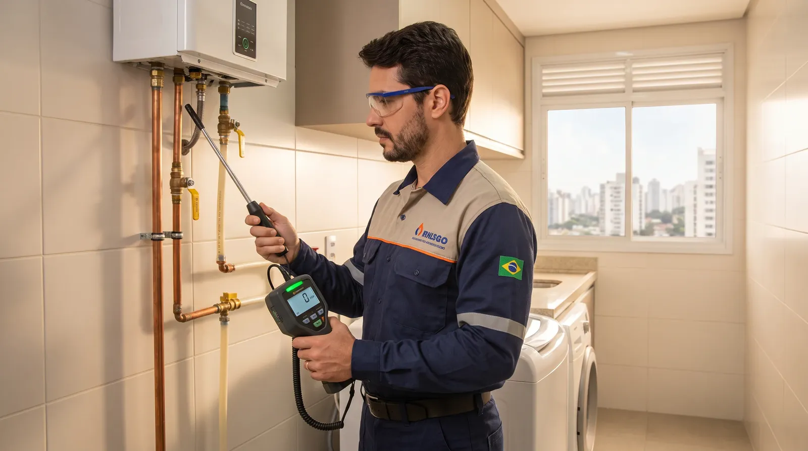 Técnico realizando detecção de vazamento de gás